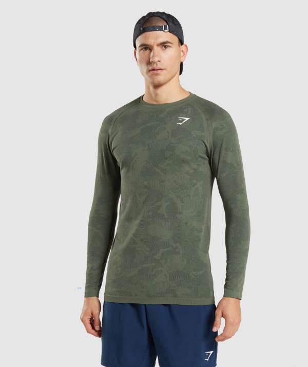 Panske Mikiny Gymshark Geo Seamless Long Sleeve Čierne Olivovo Zelená | BF1460823